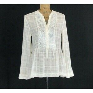 MAEVE Anthropologie Top 4 Off White High Lo Textured Shirt Blue Bead Long Sl LN